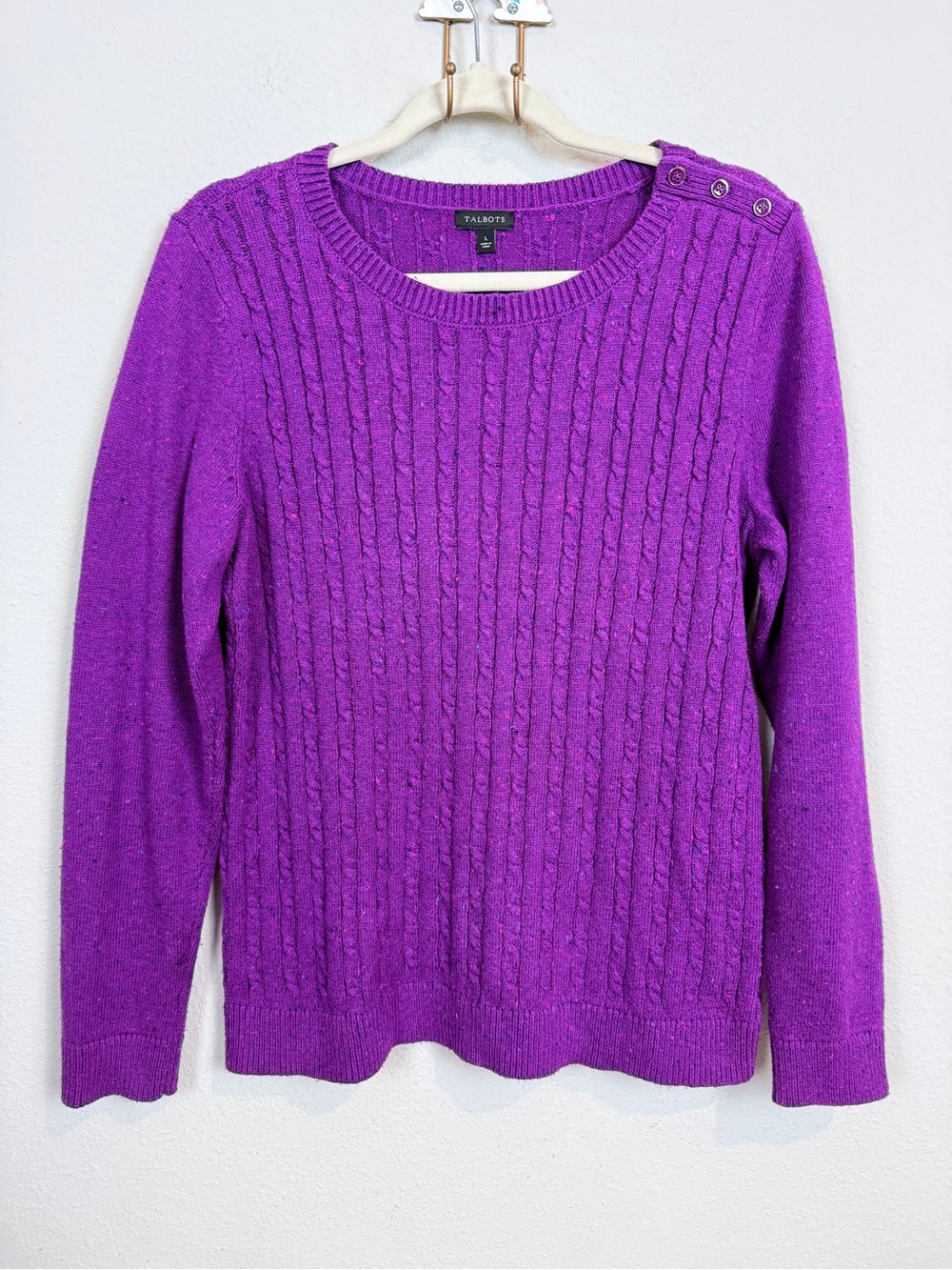 Talbots Marled Purple Cable-Knit Crewneck Sweater with Shoulder Buttons L